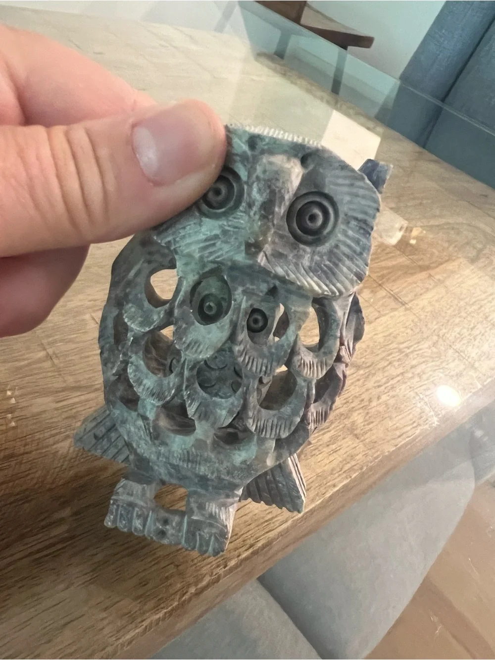 hand-carved Indian soapstone owl sculpture intricate filigree mom & baby